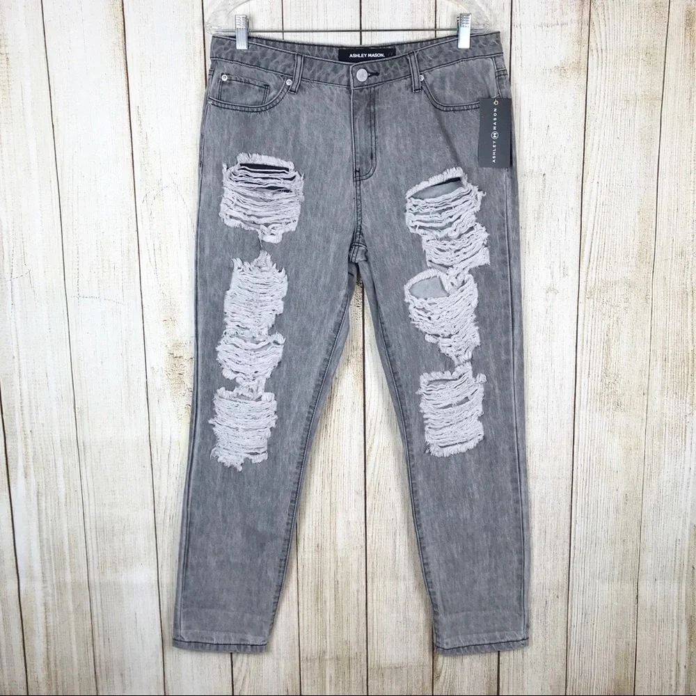 Ashley‎ Mason Distressed Boyfriend Jeans Ripped Grey Denim 30 Grunge Punk Edgy